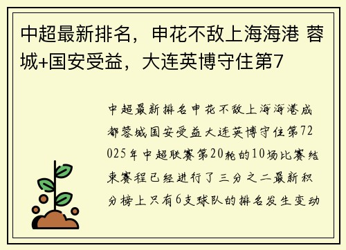 中超最新排名，申花不敌上海海港 蓉城+国安受益，大连英博守住第7